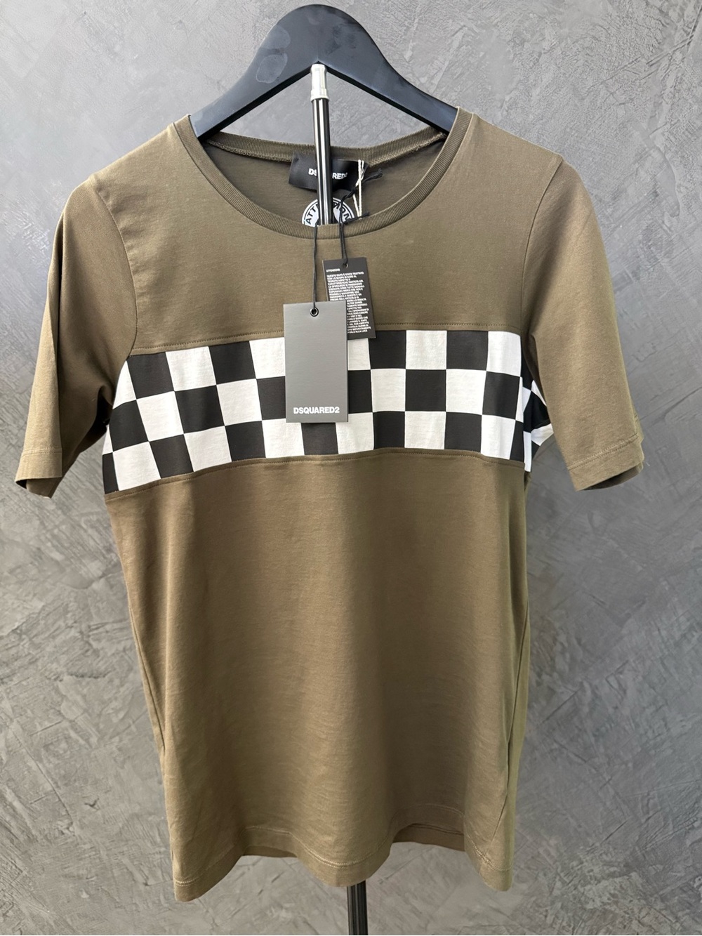 NWT DSQUARED2 Olive Green Short Sleeve Checkerboard Panel Tee